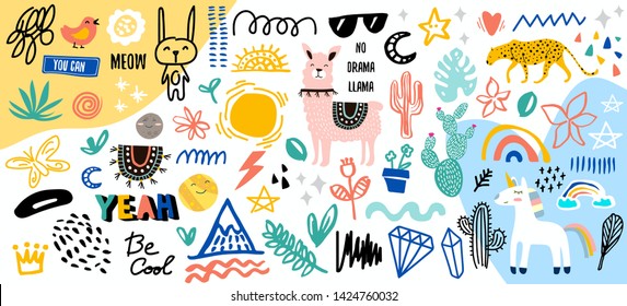 Coleção de slogans ou frases manuscritas e elementos decorativos de design desenhados à mão no estilo doodle moderno - animais, plantas, símbolos. Ilustração vetorial colorida para impressão de camiseta ou moletom.