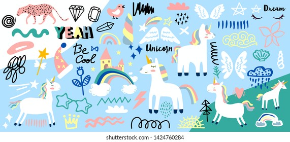 Collection of handwritten slogans or phrases and decorative design elements hand drawn in trendy doodle style - unicorn, rainbow, symbols. Colorful vector illustration for T-shirt or sweatshirt print.