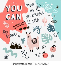 Collection of handwritten slogans or phrases in trendy doodle style. Set with llama, cactus and hand drawn elements