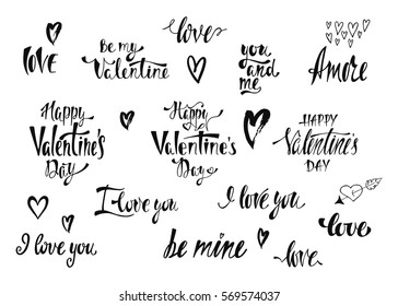 Collection of handwritten vector lettering for Valentines Day. Calligraphic phrases about love for wedding postcards, greeting cards, invitation,  romantic style.

