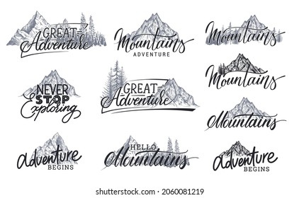 Colección de frases vectoriales manuscritas sobre la naturaleza, las montañas y los viajes con ilustraciones montañosas
