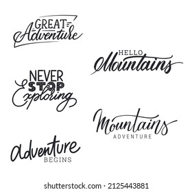 Collection of handwritten vector phrases about nature, mountains and travel
