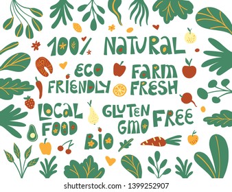 Collection of handwritten words and decorative design elements hand drawn in trendy doodle style - fruits, vegetables, plants,hearts. Colorful vector illustration isolated on a white background 