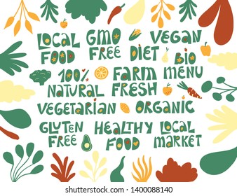 Collection of handwritten words and decorative elements hand drawn in trendy doodle style - fruits, vegetables, plants,hearts - united be the healthy diet, food theme. Vector illustration isolated