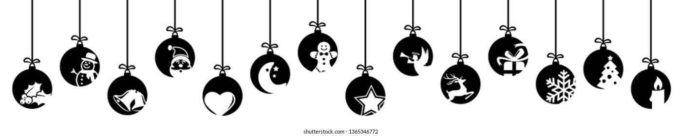 collection of hanging baubles colored black with different abstract icons for christmas and winter time concepts