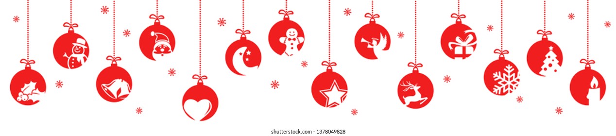 collection of hanging baubles colored red with different abstract icons for christmas and winter time concepts