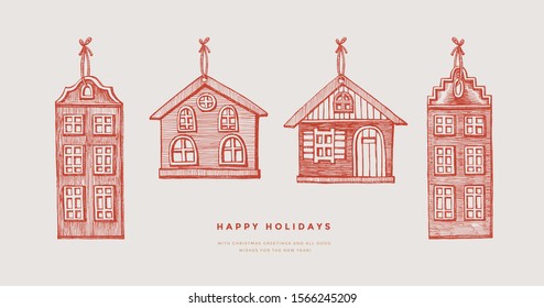 Collection of hanging Christmas tree decorations houses in retro style. Decor for the Christmas holiday. Happy New Year vacations. Vector illustration in engraving style on a light background.