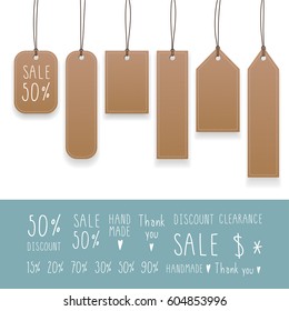 Collection of hanging tags with rope. Kraft paper labels. Vector illustration.