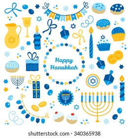 Collection of Hanukkah design elements. Menorah, wreath, candles, donuts, garland, bow, cupcake, gifts, candles, dreidel, confetti, coins, oil, sufganiyan, snowflakes and Jewish star. 