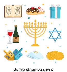 Collection of Hanukkah elements. Menorah, Torah, donuts, Star of David, gift, wine. Vector illustration in flat style.