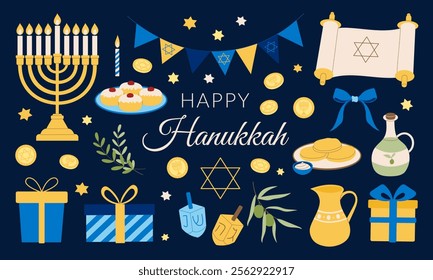 A collection of Hanukkah symbols and decorations. The Hanukkah symbols include a menorah, dreidel, and a cup of oil