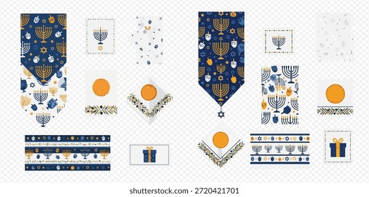 Una colección de patrones y Elementos temáticos de Janucá, que incluyen menorás, dreidels, ramas de olivo y regalos, en colores azul, dorado y blanco.