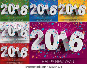 Collection Happy 2016 new year with falling confetti . Vector paper illustration. eps 10