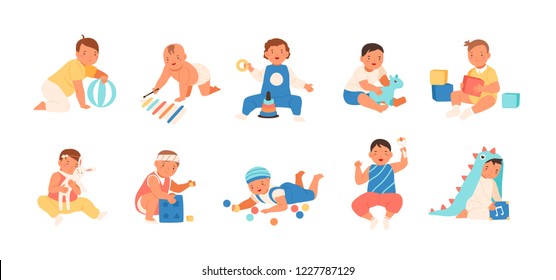 Collection of happy adorable babies playing with various toys - building kit, ball, rattle. Set of playful infant children isolated on white background. Flat cartoon colorful vector illustration.