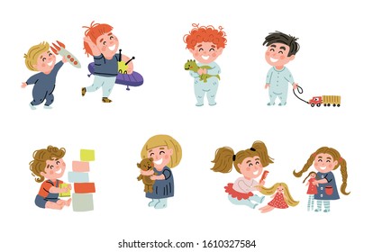 Collection of happy adorable babies playing with various toys - dinosaur, teddy bear, truck, cubes, dolls. Set of playful infant children isolated on white. Flat cartoon colorful vector illustration