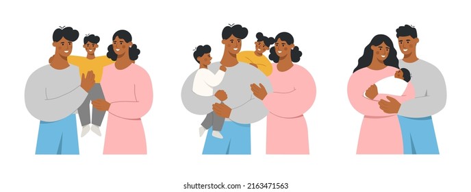 Collection of happy african american family with lovely kids. Young mother and father holding their beloved children in their arms. Love and care for loved ones. Flat vector illustration.