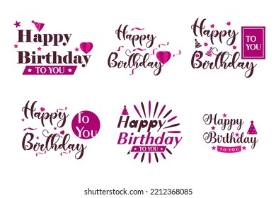 Collection of Happy Birthday badge vector illustrations. Design element for greeting card, banner, print with letter typography text sign, quote, cake, candle, gift, love on white background