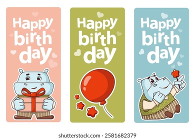 Collection of happy birthday, balloon, hippos, stars, gift, bows. Red, green, blue. Vector illustration for greeting card, invitation, event, poster, sticker, birthday prints