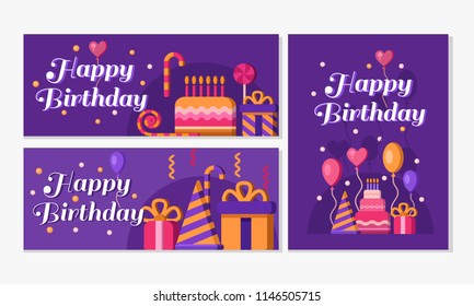 Collection of happy birthday banners in purple. Set of greeting templates. Invitation cards to the party. Vector clipart: cake, balloons, candy, gift, hat, party blower. Birthday card.