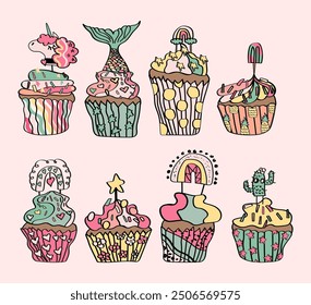 Collection of happy birthday cupcakes with cute cake toppers.