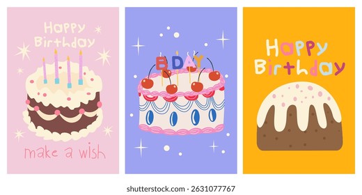Collection of Happy Birthday greeting cards design in cartoon style. Hand drawn modern holiday posters in doodle retro style. Birthday cakes with candles, cherry and cream