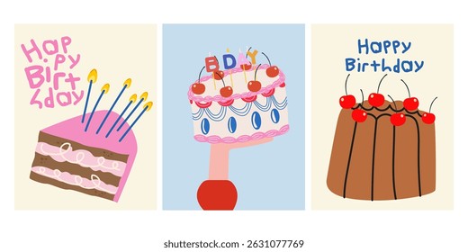 Collection of Happy Birthday greeting cards design in cartoon style. Hand drawn modern holiday posters in doodle retro style. Birthday cakes with candles, cherry and cream