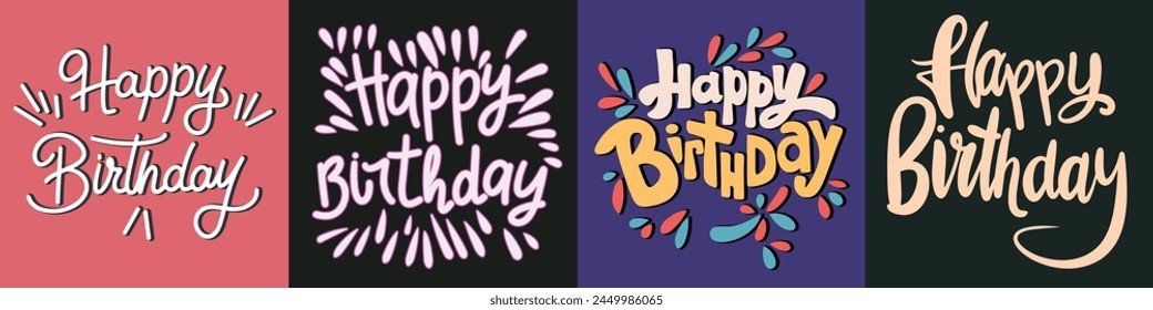 Collection of Happy Birthday handwriting text in black color. Hand drawn vector art.