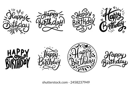 Collection of Happy Birthday lettering. Hand drawn vector art.