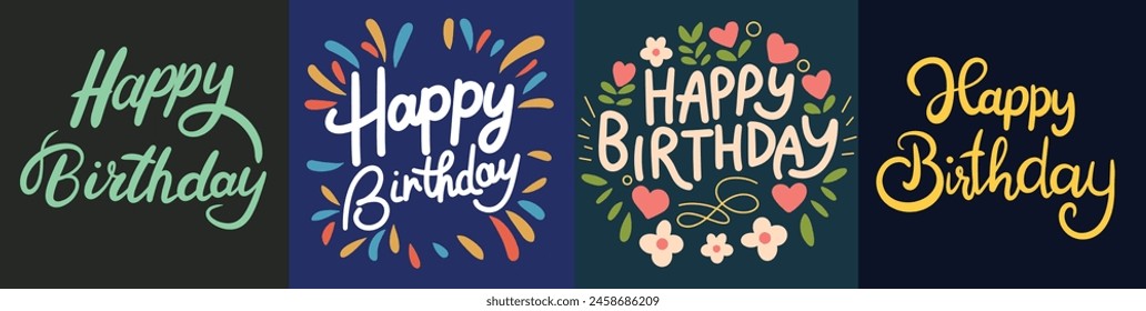 Collection of Happy Birthday lettering. Hand drawn vector art.