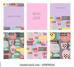 Collection of happy birthday, with love, thank you cards with memphis abstract seamless pattern background in retro vintage 80s or 90s style. Vector illustration.