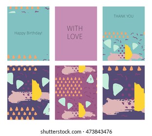 Collection of happy birthday, with love, thank you cards with memphis abstract seamless pattern background in retro vintage 80s or 90s style. Vector illustration.