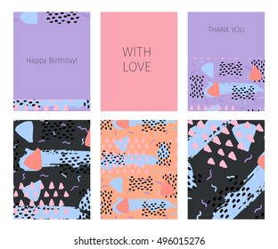 Collection of happy birthday, with love, thank you cards with memphis abstract seamless pattern background in retro vintage 80s or 90s style. Vector illustration.