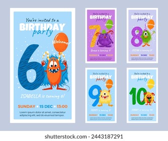 Colección de tarjetas de invitación de cumpleaños feliz con divertidos monstruos de dibujos animados. diseños de felicitación aislados de la plantilla del vector para los niños de 6 a 10 años. Postales multicolores festivas.