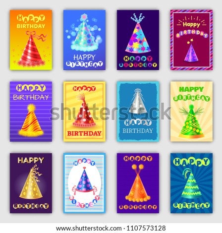 Collection of happy Birthday posters set of hats for party and celebrations. Paper bday fest caps on banners, patterns decorative entertainment elements