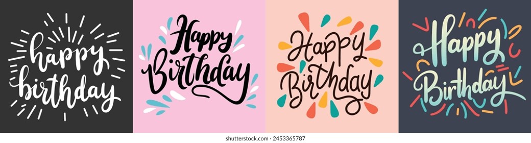 Collection of Happy Birthday text. Hand drawn vector art.