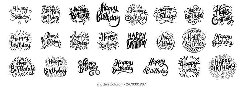 Collection of Happy Birthday text lettering. Hand drawn vector art.