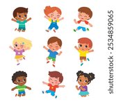 Collection of Happy boys and girls jumping. Children