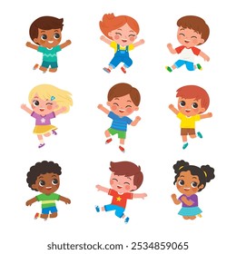 Collection of Happy boys and girls jumping. Children's activities. Back to School of kindergarten. Children with different jumping poses.