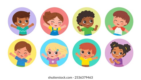 Collection of Happy boys and girls in rounds vector set. Children's activities. Back to School of kindergarten. children smiling with different poses.