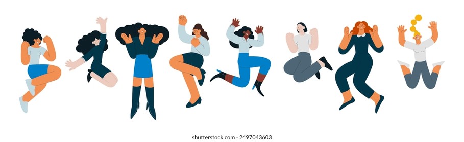 Collection of happy business employee females jumping in the air cheerfully isolated on white background. Modern flat vector illustration. Social media concept.