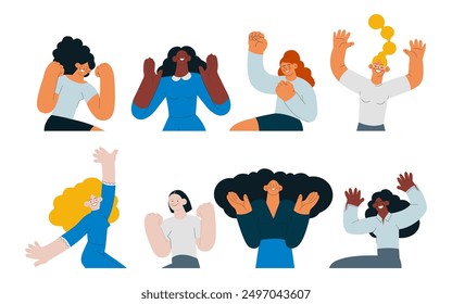 Collection of happy business employee females jumping in the air cheerfully isolated on white background. Modern flat vector illustration. Social media concept.