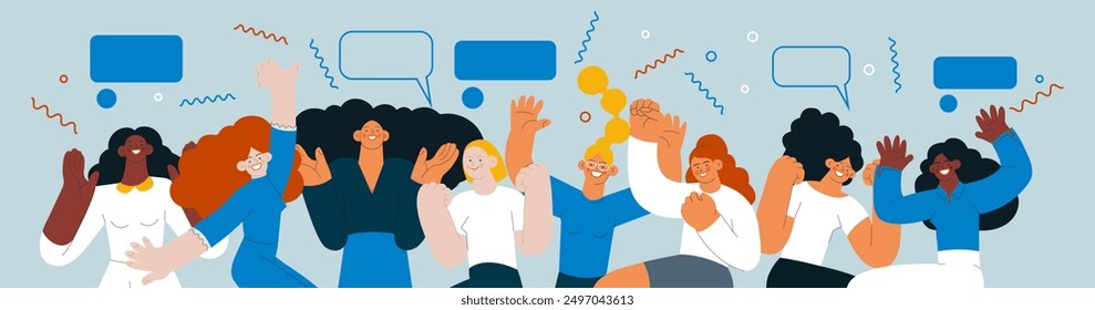 Collection of happy business employee females jumping in the air cheerfully on colorful background with graphic elements. Modern flat vector illustration. Social media concept.