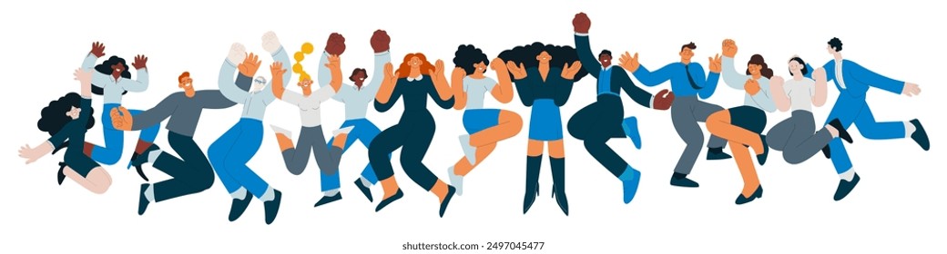 Collection of happy business employee females and males jumping in the air cheerfully isolated on white background. Modern flat vector illustration. Social media concept.