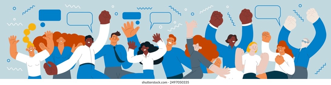 Collection of happy business employee females and males jumping in the air cheerfully on colorful background with graphic elements. Modern flat vector illustration. 