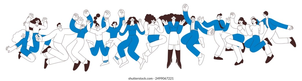 Collection of happy business employee females and males jumping in the air cheerfully isolated on white background. Black and white modern flat vector illustration. Social media concept.