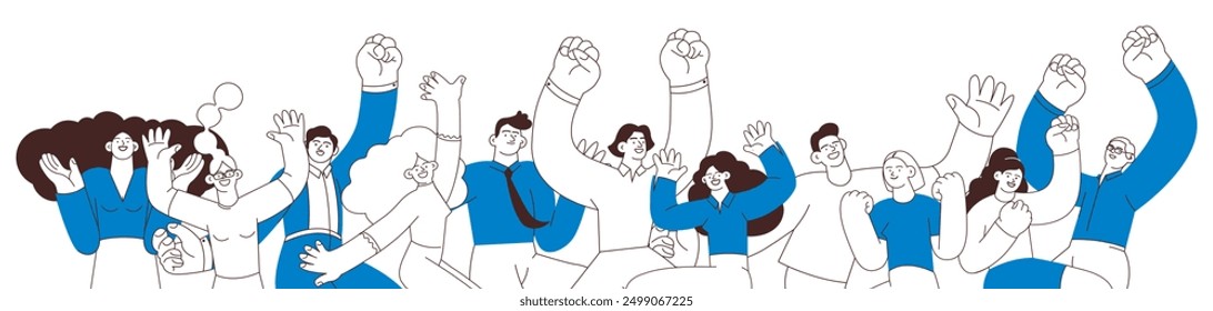 Collection of happy business employee females and males jumping in the air cheerfully isolated on white background. Black and white modern flat vector illustration. Social media concept.