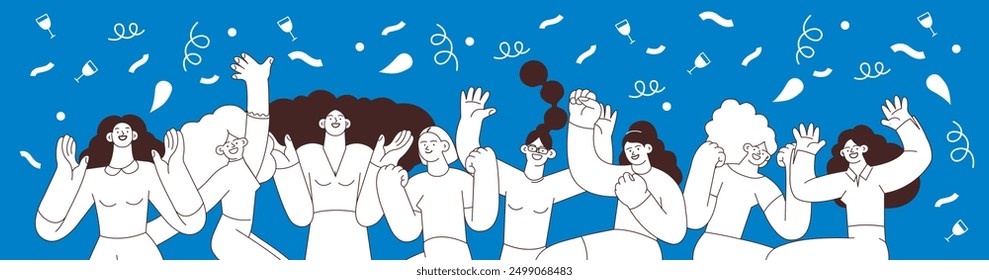 Collection of happy business employee females jumping in the air cheerfully on colorful background with graphic elements. Black and white modern flat vector illustration. Social media concept.