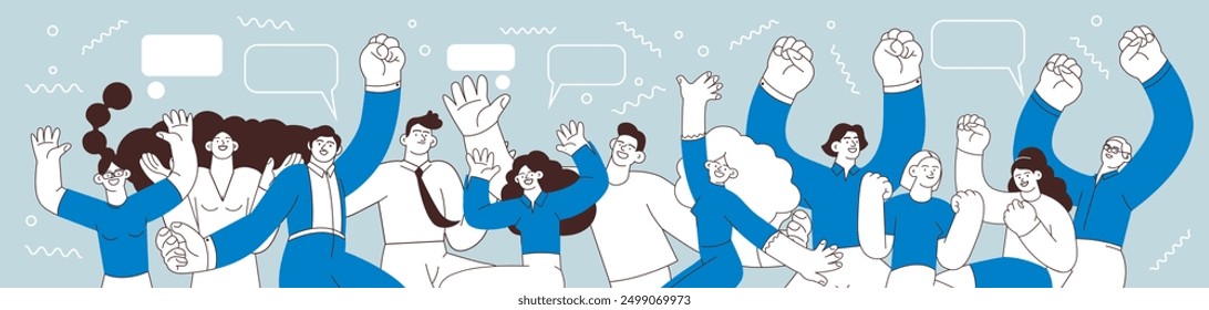 Collection of happy business employee females and males jumping in the air cheerfully on colorful background with graphic elements. Black and white flat vector illustration. Social media concept.