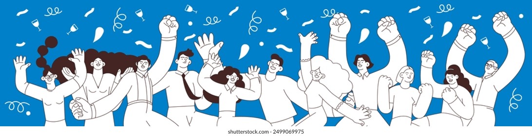 Collection of happy business employee females and males jumping in the air cheerfully on colorful background with graphic elements. Black and white flat vector illustration. Social media concept.