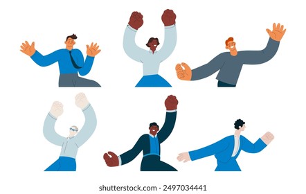 Collection of happy business employee males jumping in the air cheerfully isolated on white background. Modern flat vector illustration. Social media concept.